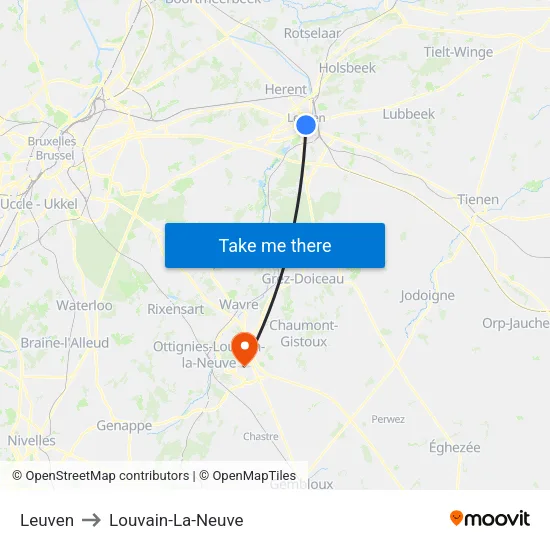 Leuven to Louvain-La-Neuve map