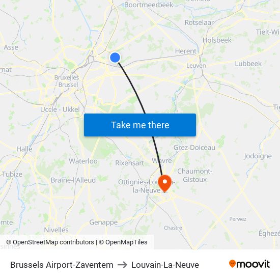 Brussels Airport-Zaventem to Louvain-La-Neuve map