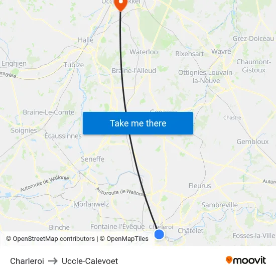 Charleroi to Uccle-Calevoet map