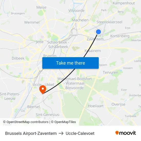 Brussels Airport-Zaventem to Uccle-Calevoet map