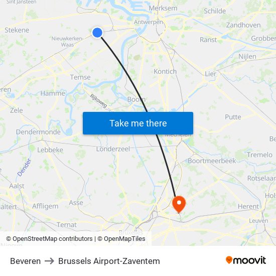 Beveren to Brussels Airport-Zaventem map