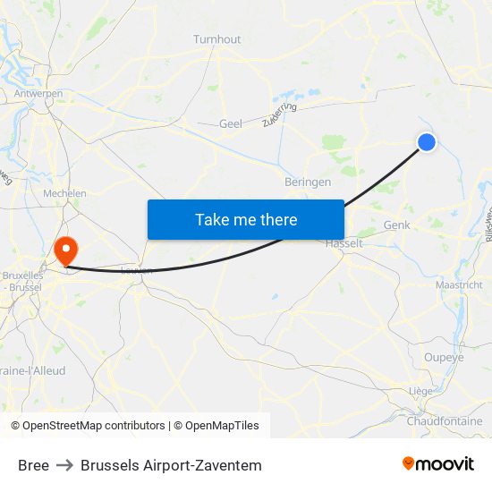Bree to Brussels Airport-Zaventem map