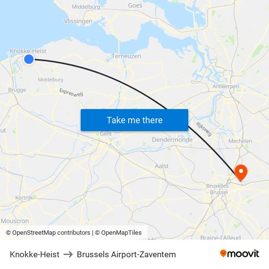 Knokke-Heist to Brussels Airport-Zaventem map