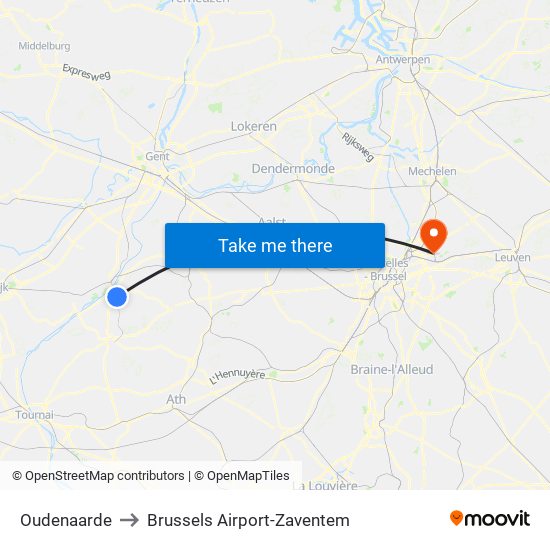 Oudenaarde to Brussels Airport-Zaventem map