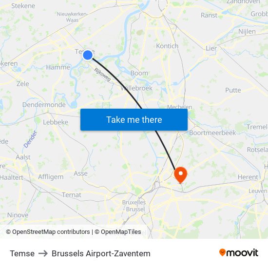 Temse to Brussels Airport-Zaventem map