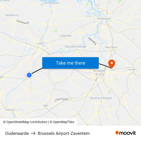 Oudenaarde to Brussels Airport-Zaventem map