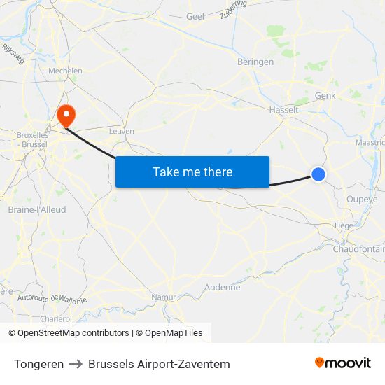 Tongeren to Brussels Airport-Zaventem map