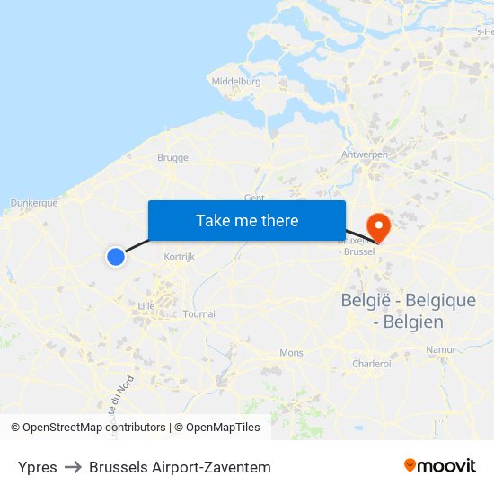 Ypres to Brussels Airport-Zaventem map