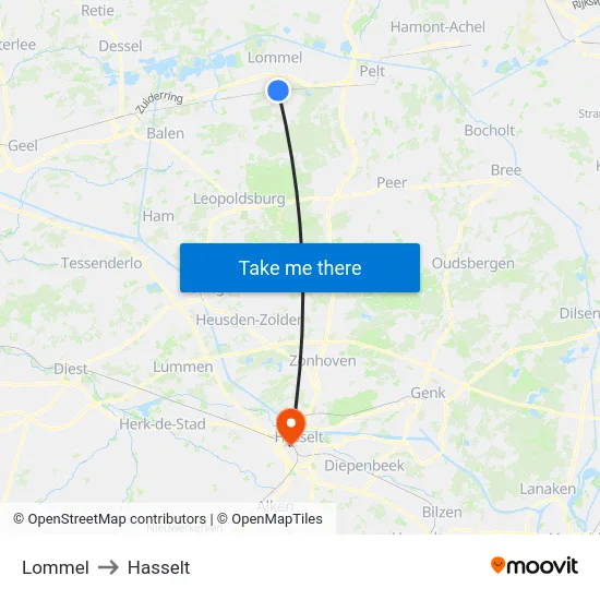 Lommel to Hasselt map
