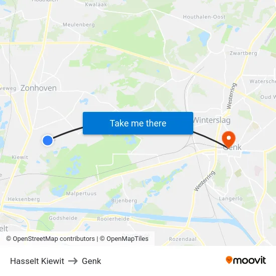 Hasselt Kiewit to Genk map