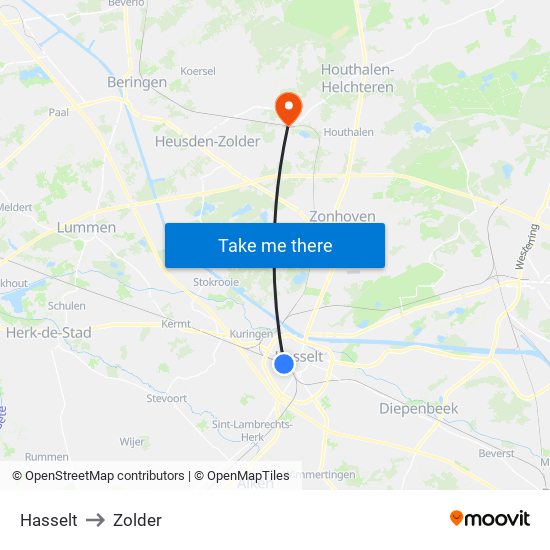 Hasselt to Zolder map