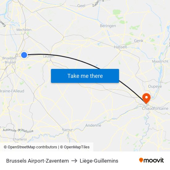 Brussels Airport-Zaventem to Liège-Guillemins map