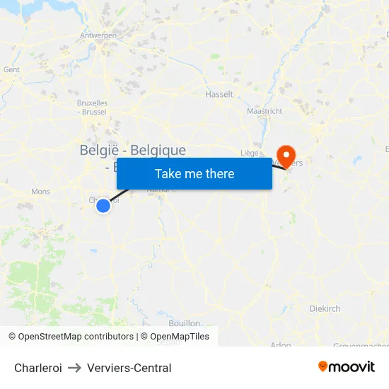 Charleroi to Verviers-Central map