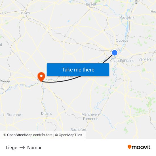 Liège to Namur map