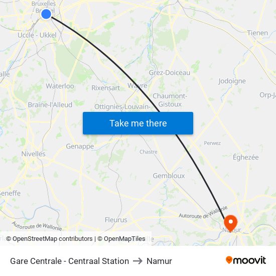 Gare Centrale - Centraal Station to Namur map