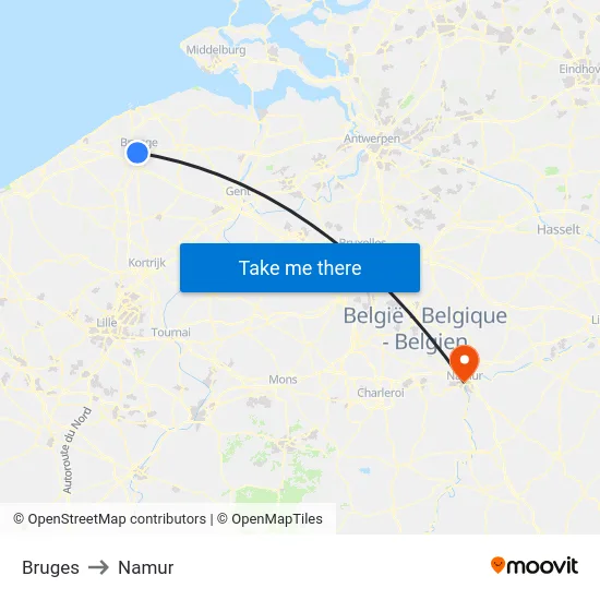 Bruges to Namur map
