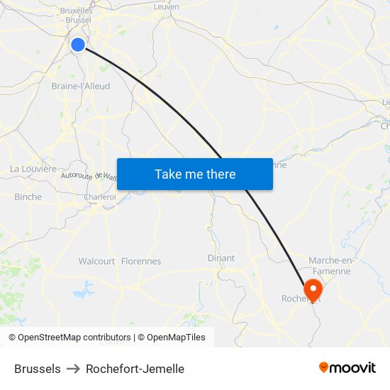 Brussels to Rochefort-Jemelle map