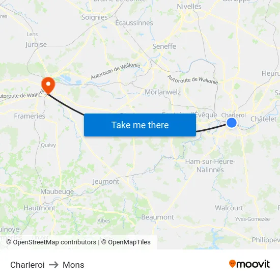 Charleroi to Mons map