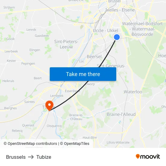 Brussels to Tubize map
