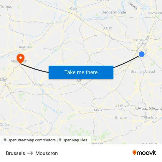 Brussels to Mouscron map