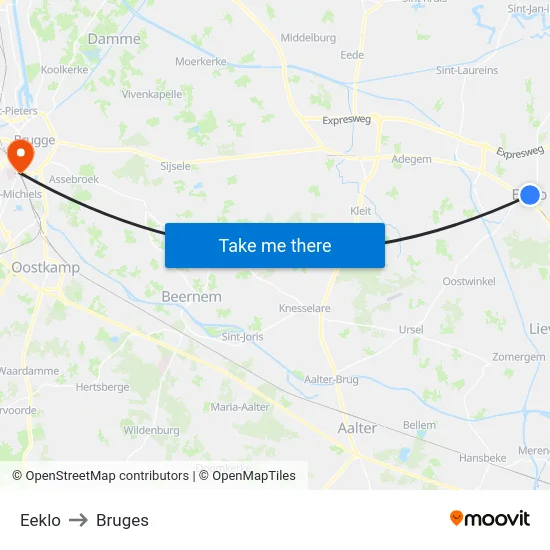 Eeklo to Bruges map