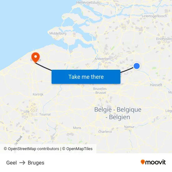 Geel to Bruges map
