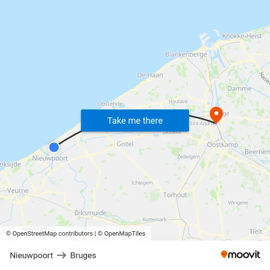 Nieuwpoort to Bruges map
