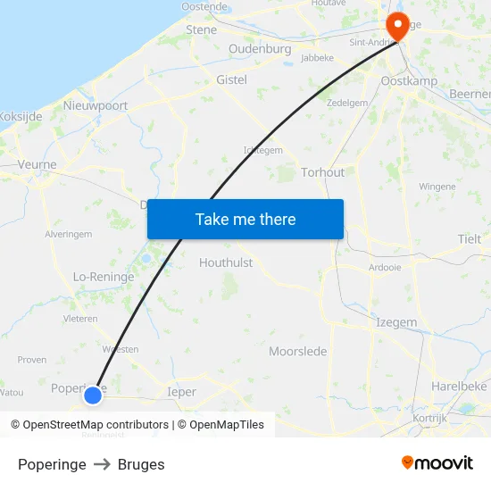 Poperinge to Bruges map