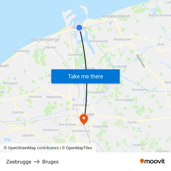 Zeebrugge to Bruges map