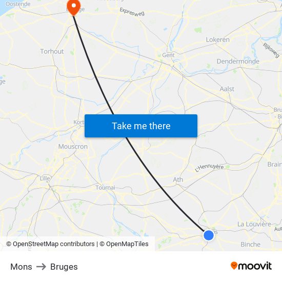 Mons to Bruges map