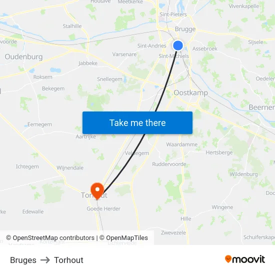 Bruges to Torhout map