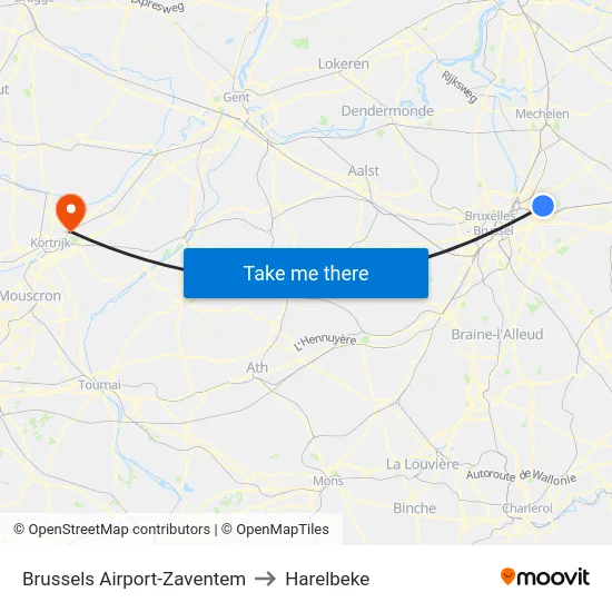 Brussels Airport-Zaventem to Harelbeke map