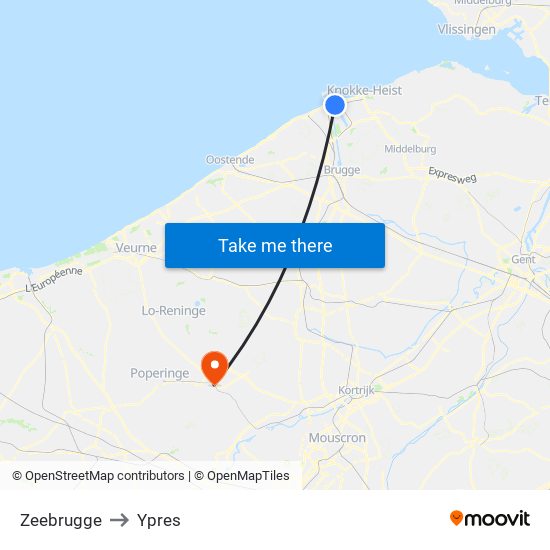 Zeebrugge to Ypres map