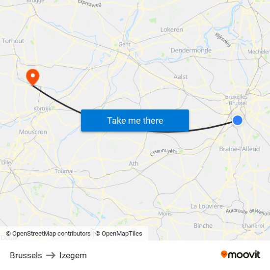 Brussels to Izegem map