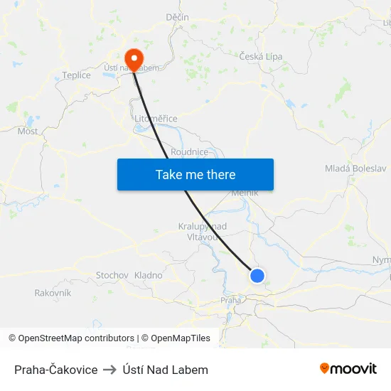 Praha-Čakovice to Ústí Nad Labem map