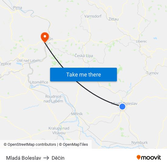 Mladá Boleslav to Děčín map