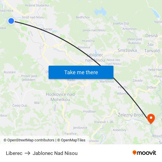 Liberec to Jablonec Nad Nisou map