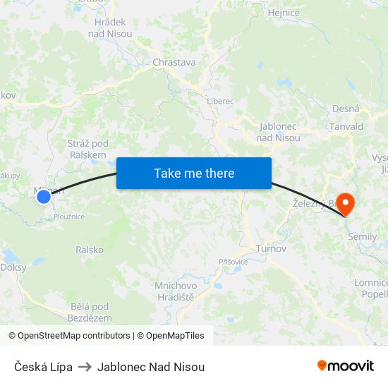 Česká Lípa to Jablonec Nad Nisou map