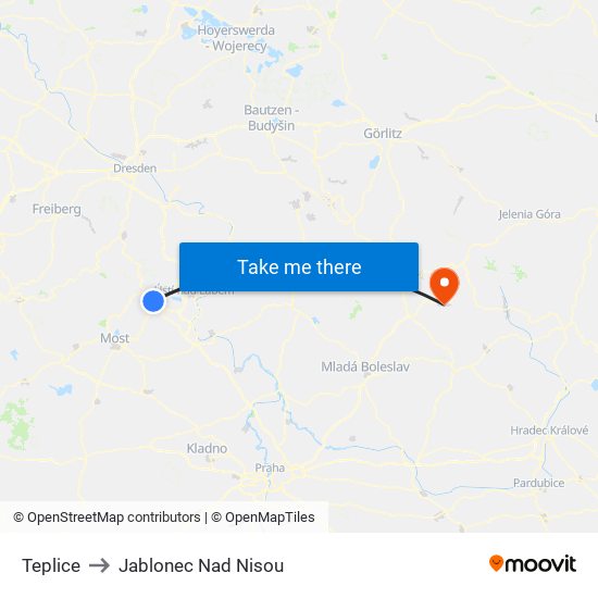 Teplice to Jablonec Nad Nisou map