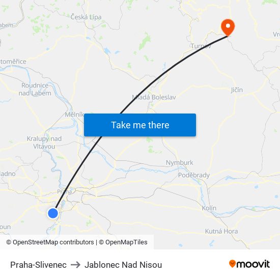 Praha-Slivenec to Jablonec Nad Nisou map