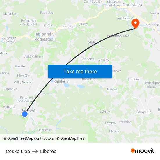Česká Lípa to Liberec map