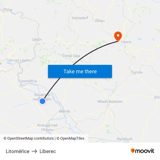 Litoměřice to Liberec map