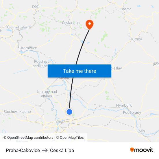 Praha-Čakovice to Česká Lípa map