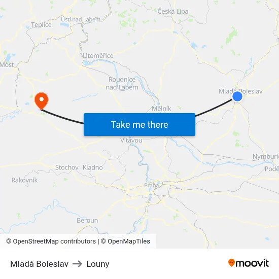 Mladá Boleslav to Louny map