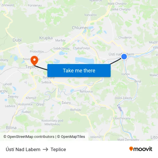 Ústí Nad Labem to Teplice map