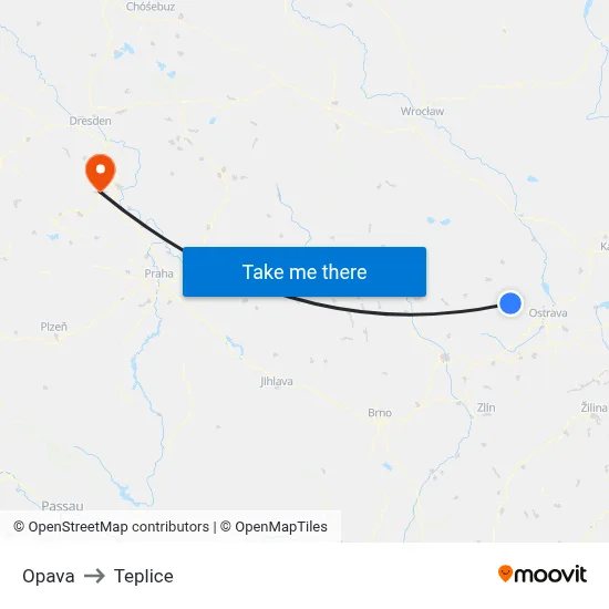 Opava to Teplice map