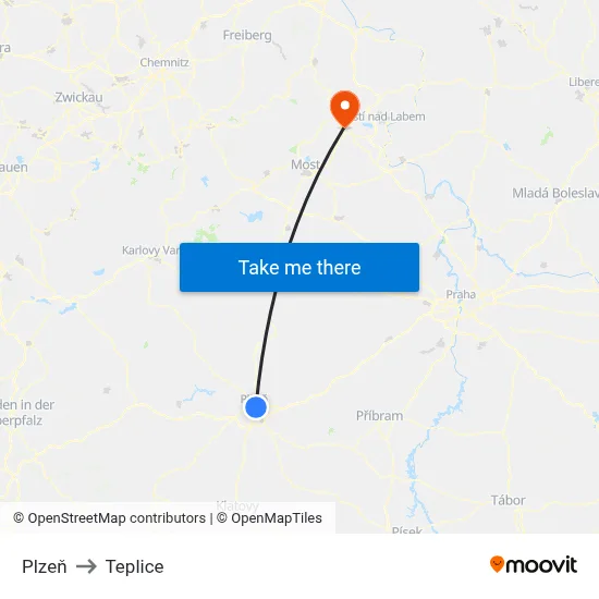 Plzeň to Teplice map