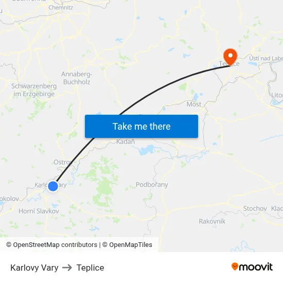 Karlovy Vary to Teplice map