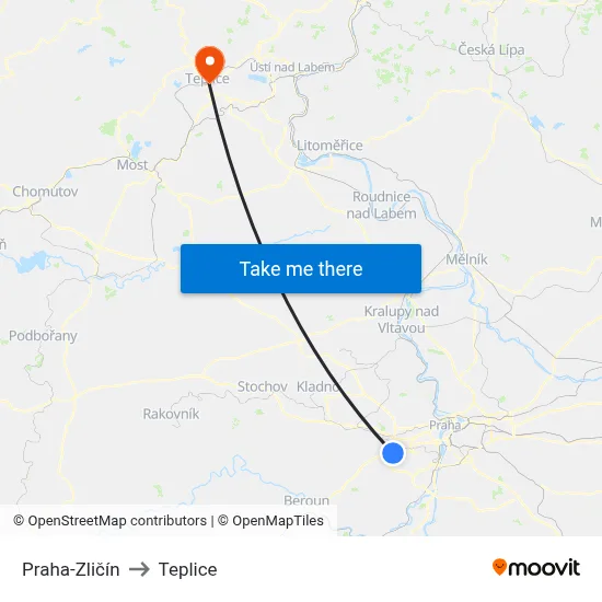 Praha-Zličín to Teplice map