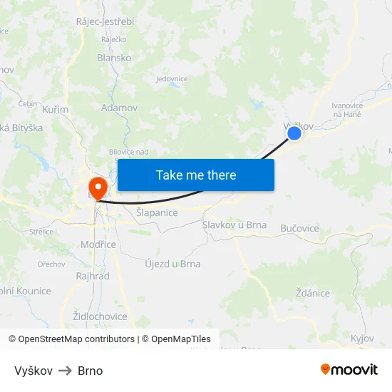 Vyškov to Brno map